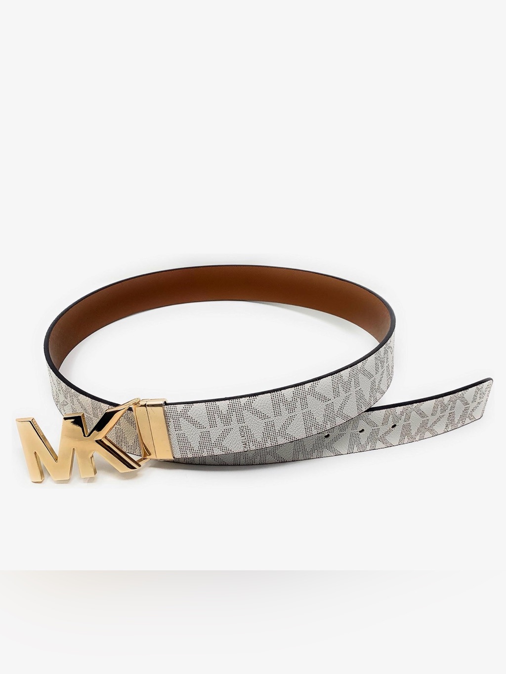 Michael Kors White Logo-Print Reversible Belt With Gold Mk Buckle